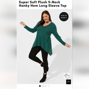 Super Soft Plush V-Neck Hanky Hem Long Sleeve Top